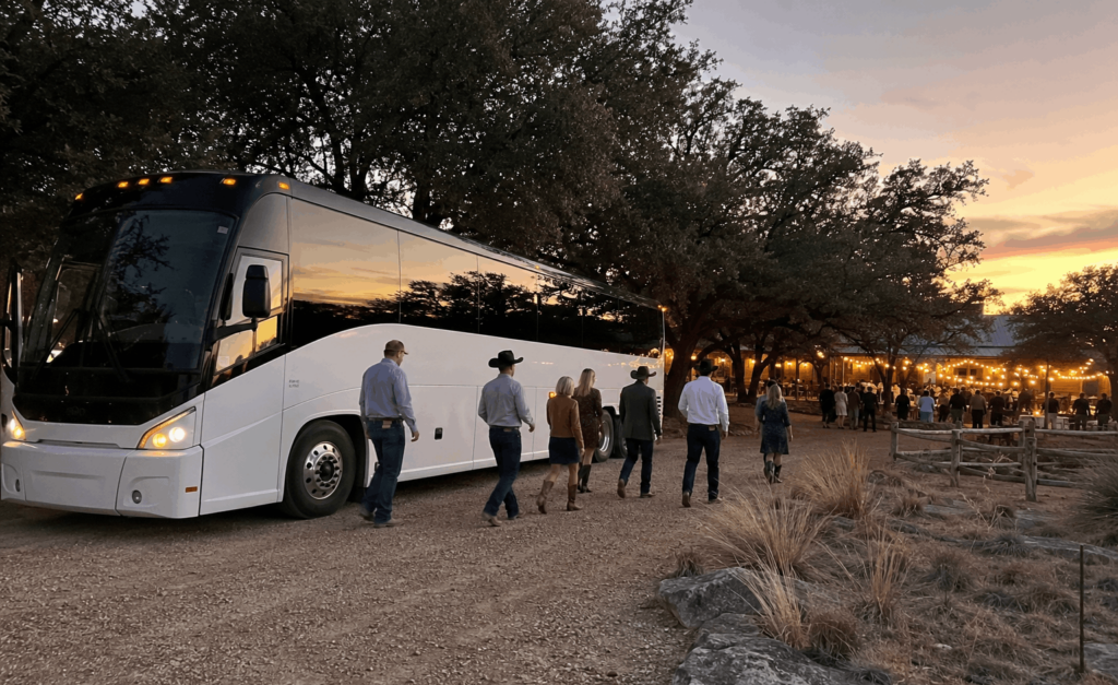 guests boarding a charter bus at an abilene hotel before traveling to perini ranch in buffalo gap