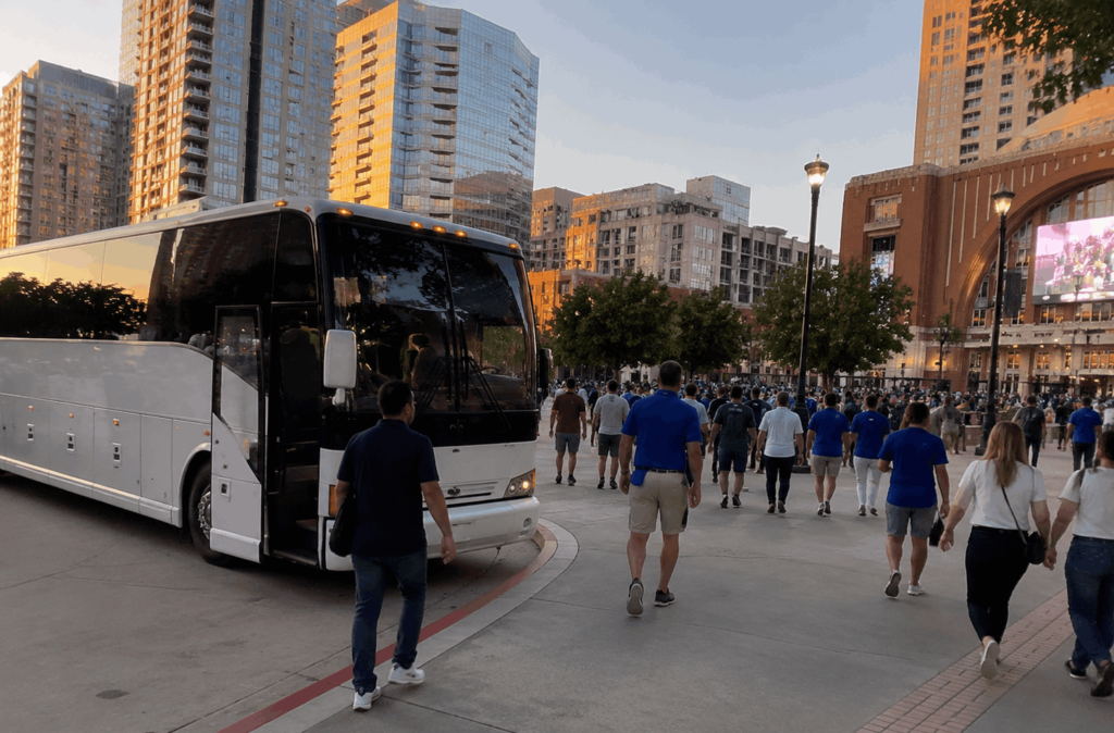 charter bus waiting near the american airlines center area after a dallas game for the late-night return to abilene