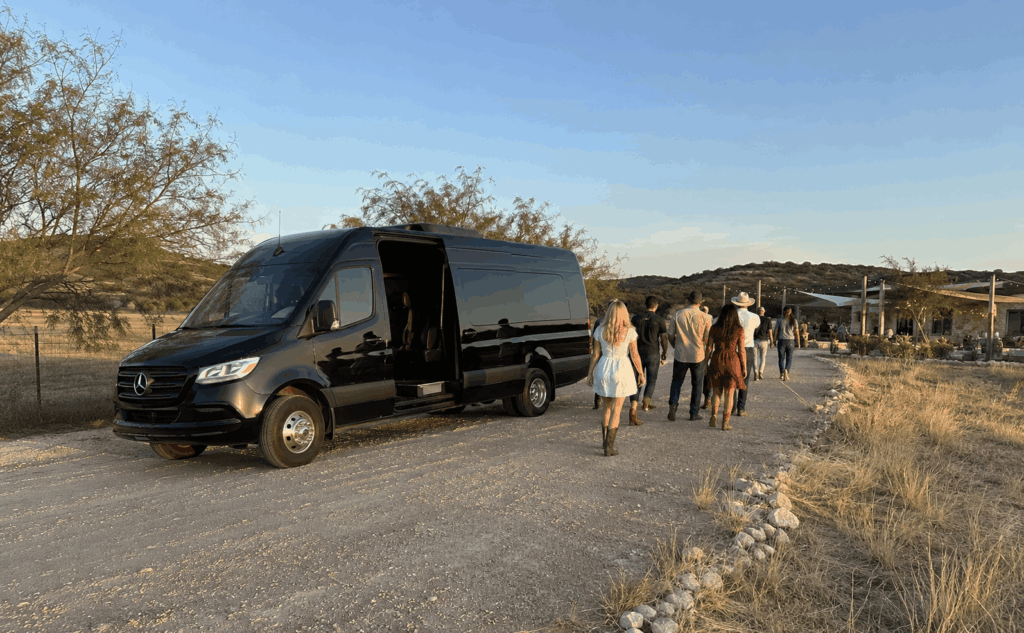 sprinter party bus taking an abilene group to winery and distillery stops near buffalo gap