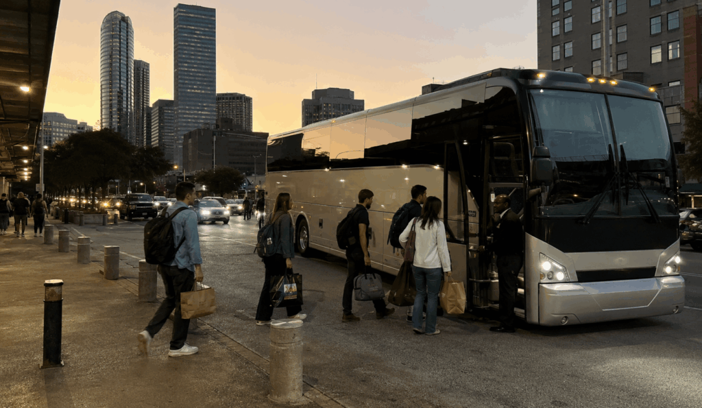 passengers boarding a charter bus in downtown dallas before returning to abilene in the evening