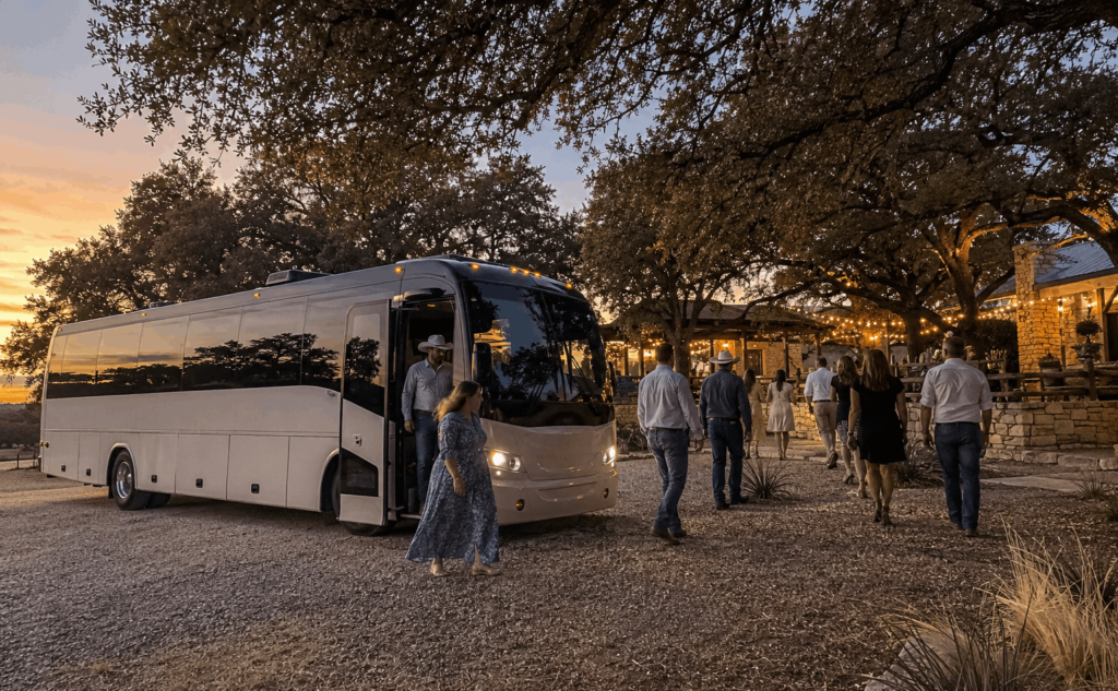 guests boarding a charter bus at an abilene hotel before traveling to perini ranch in buffalo gap