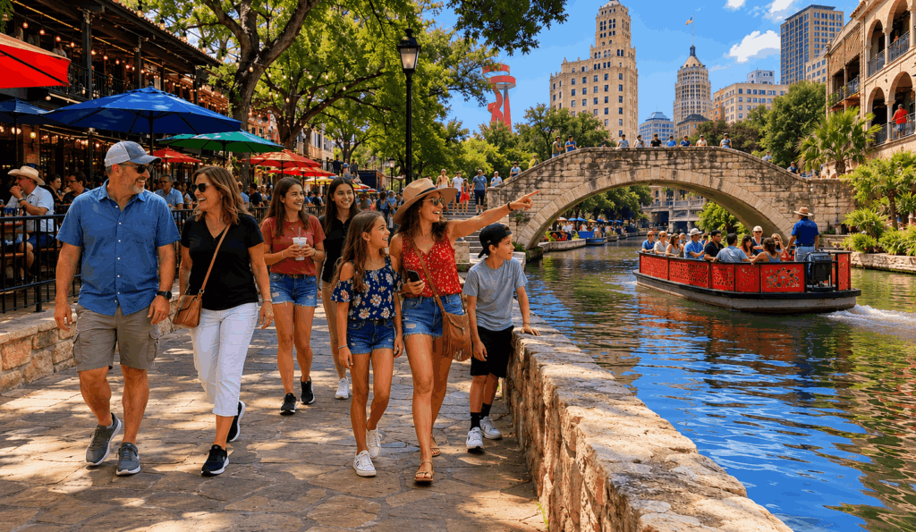 group visitors walking along the san antonio river walk after arriving by charter bus from abilene
