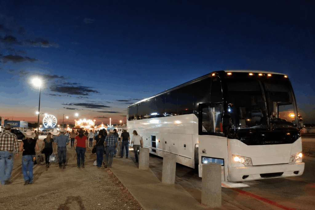 charter bus waiting near the fairgrounds in abilene after a west texas rodeo event